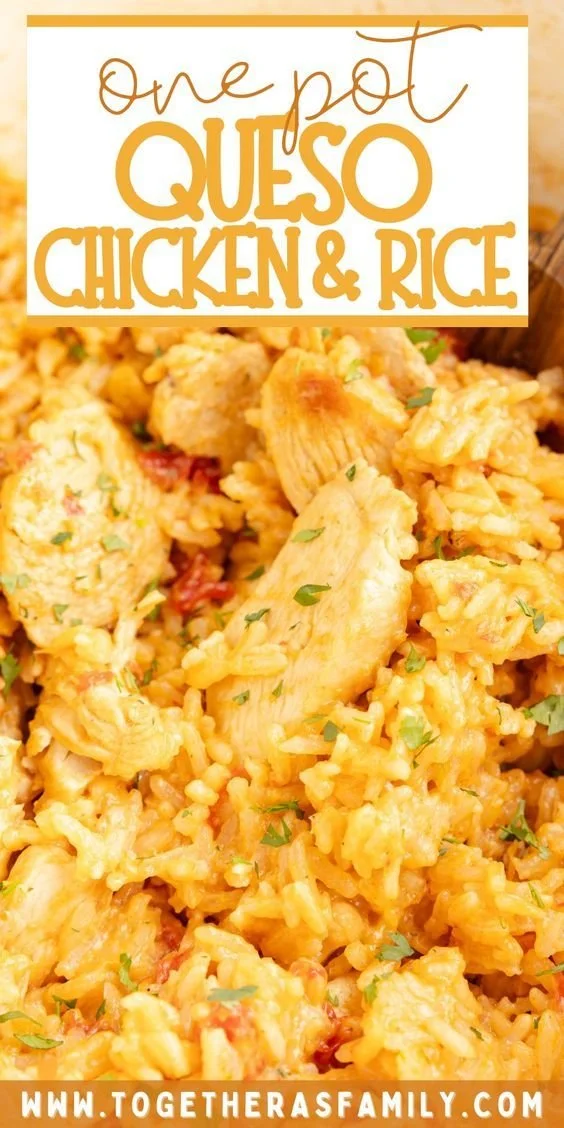 Delicious queso chicken served with rice and toppings