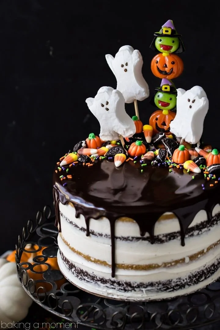 Delicious Pumpkin Chocolate Cake decorated with candy for Halloween