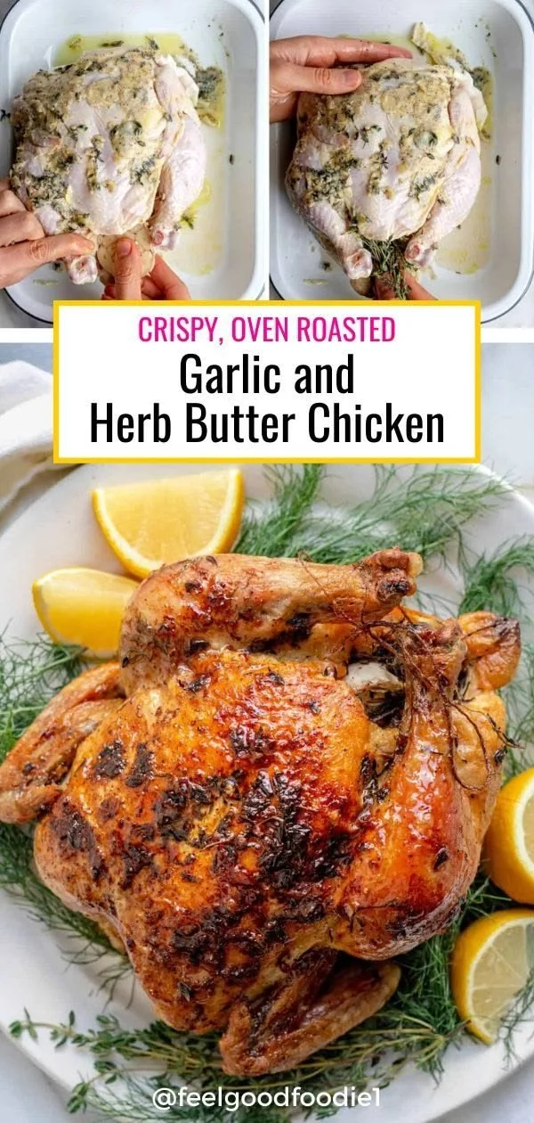 Delicious roasted chicken seasoned with garlic and herbs, served on a plate.