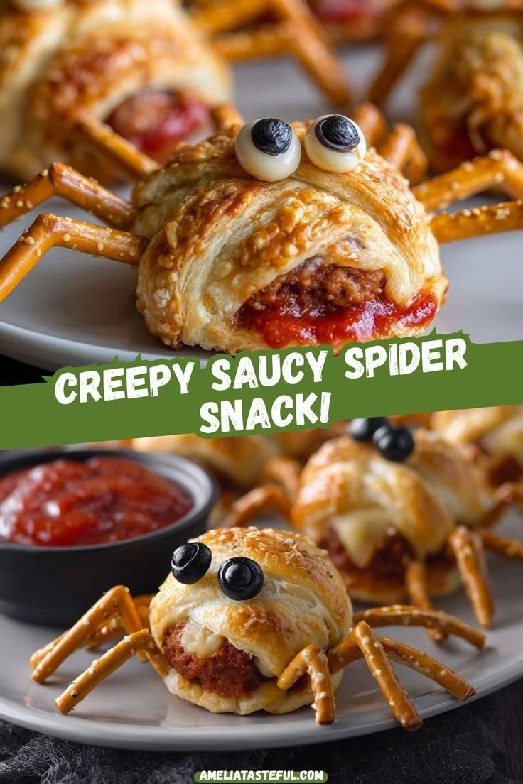 Spooky Halloween meatball pastry appetizer shaped like a spider.