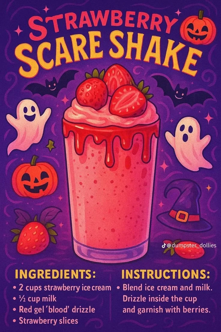A collection of spooky Halloween-themed drinks including smoothies and Starbucks options.