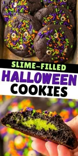 Slime filled Halloween cookies with vibrant colors and spooky designs