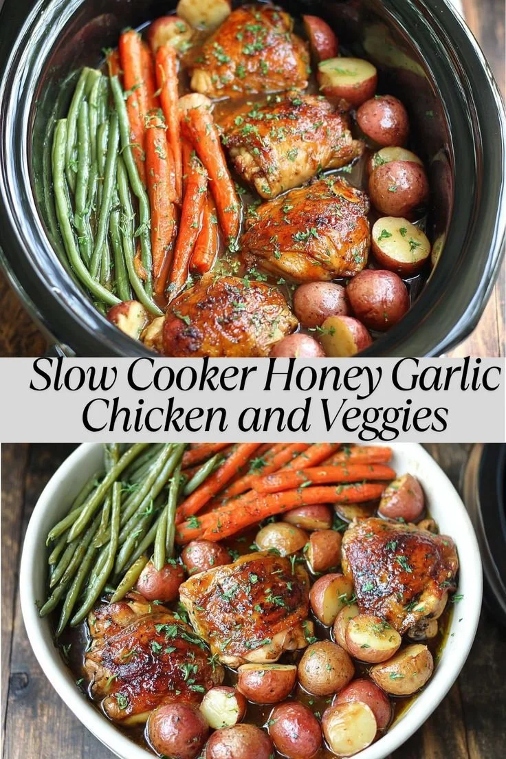Delicious slow cooker honey garlic chicken dish with colorful veggies