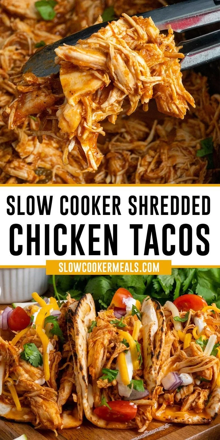 Slow cooker shredded chicken tacos served with fresh toppings