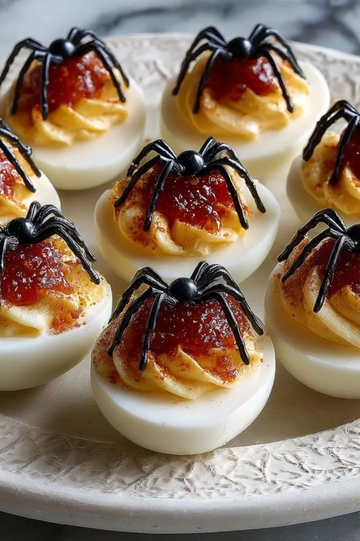 Spider deviled eggs Halloween appetizer decorated with olives and peppercorns.