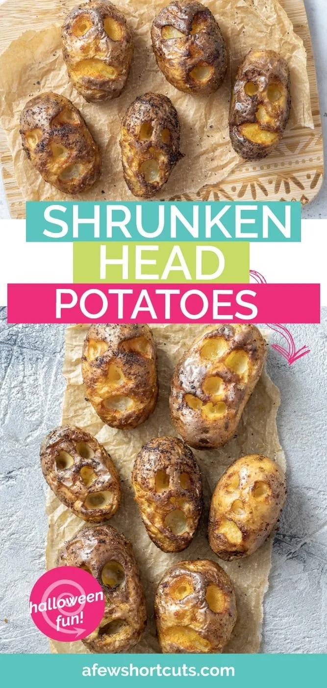 Spooky shrunken head potatoes designed for Halloween parties.