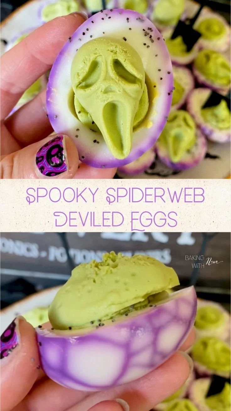Halloween-themed spooky spiderweb deviled eggs served on a platter