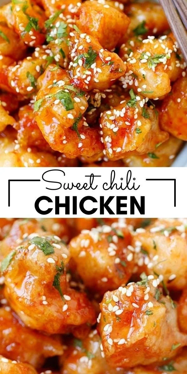Plate of sweet chili chicken with colorful vegetables and garnishes