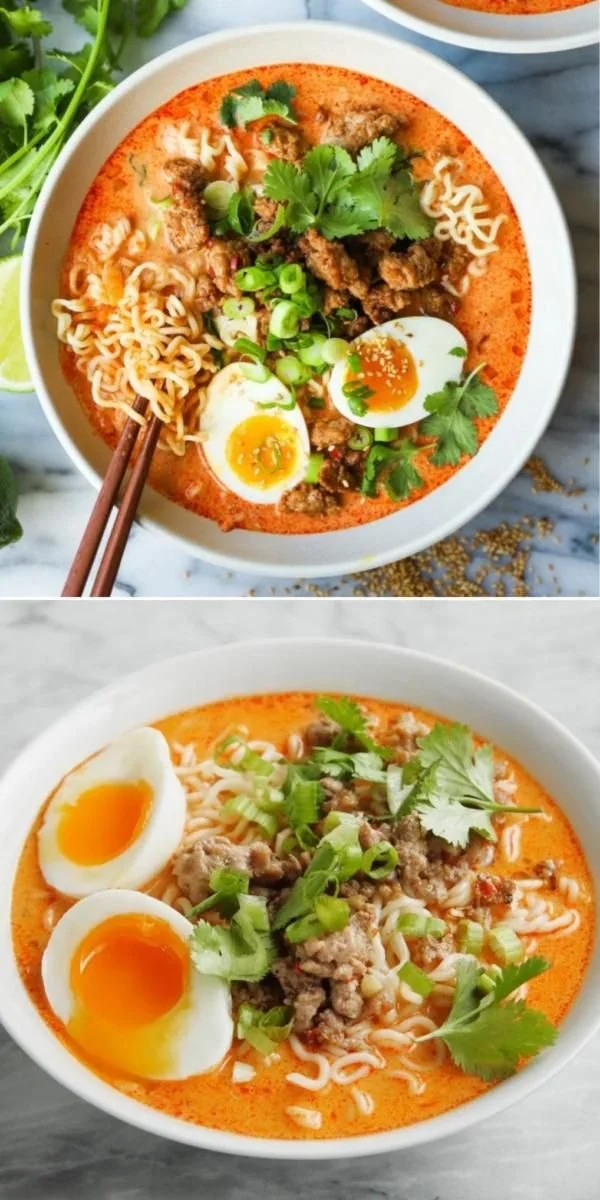 Bowl of Thai coconut curry ramen topped with fresh herbs and spices.