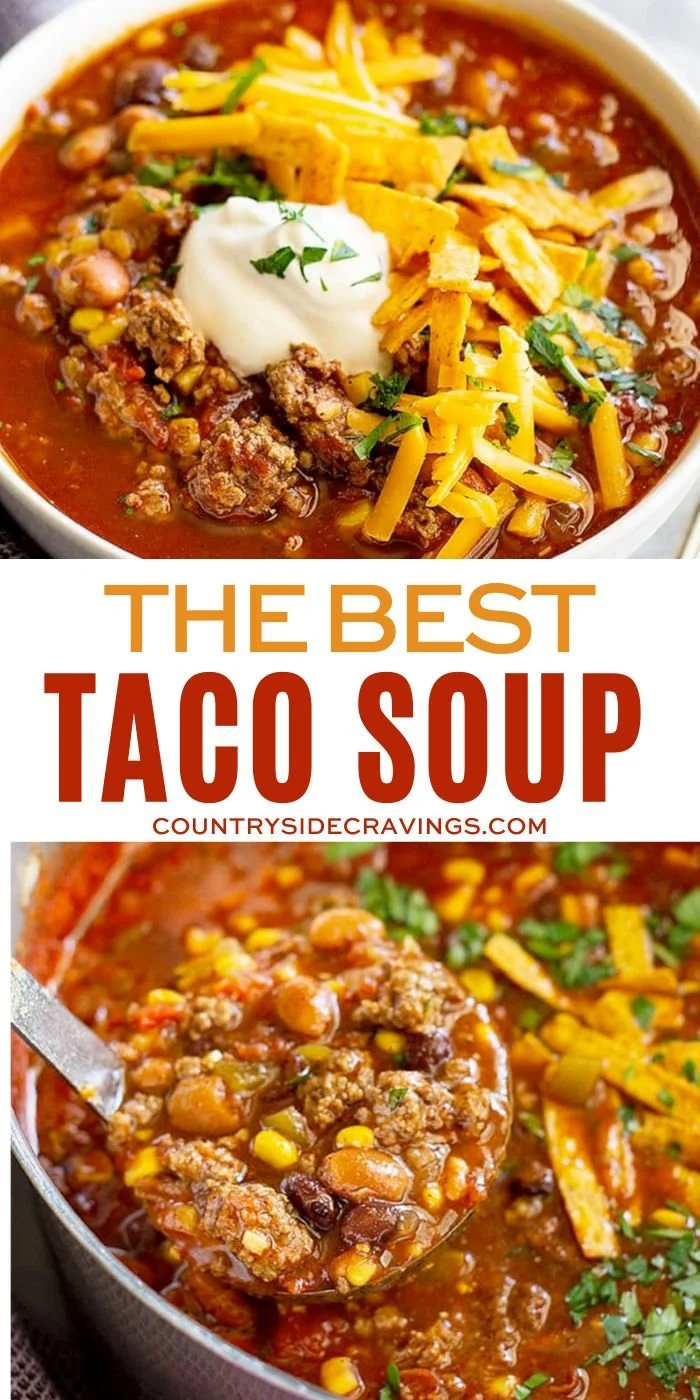 Delicious bowl of taco soup with toppings and spices