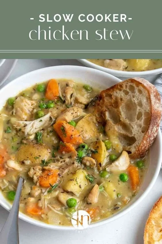 Hearty slow cooker chicken stew with vegetables and creamy broth