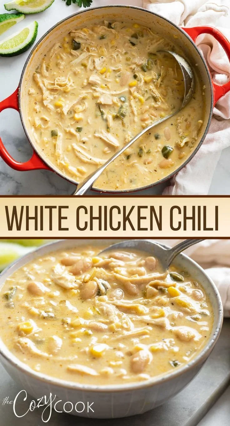 Bowl of creamy white chicken chili topped with cilantro and jalapeños