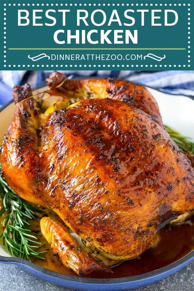 Whole roasted chicken with garlic and herbs, perfectly golden and juicy